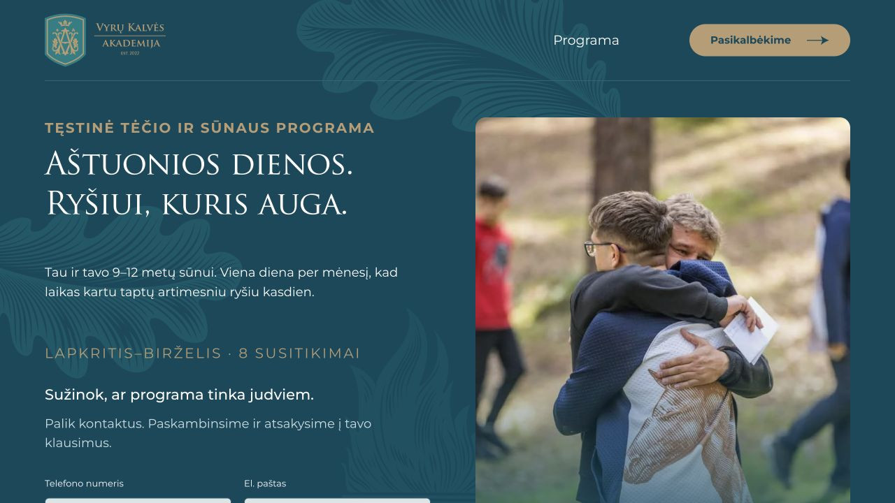Vyrų Kalvės Akademijos tėčio ir sūnaus programos svetainės pradžia.