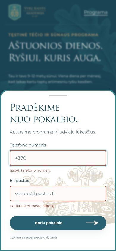 Kontaktų formos laukų patikra telefone.